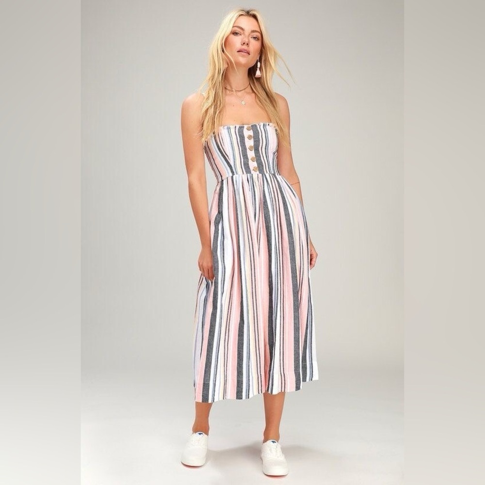 Free People Lilah Striped Midi Dress Strapless Size S Boho Button Front